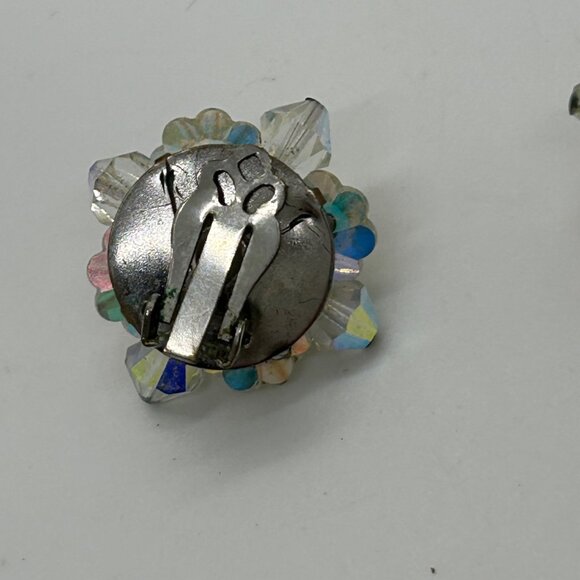 Vintage Aurora Borealis Earrings Crystal Flower Cluster Clip-On 1950-1960s - Picture 8 of 14